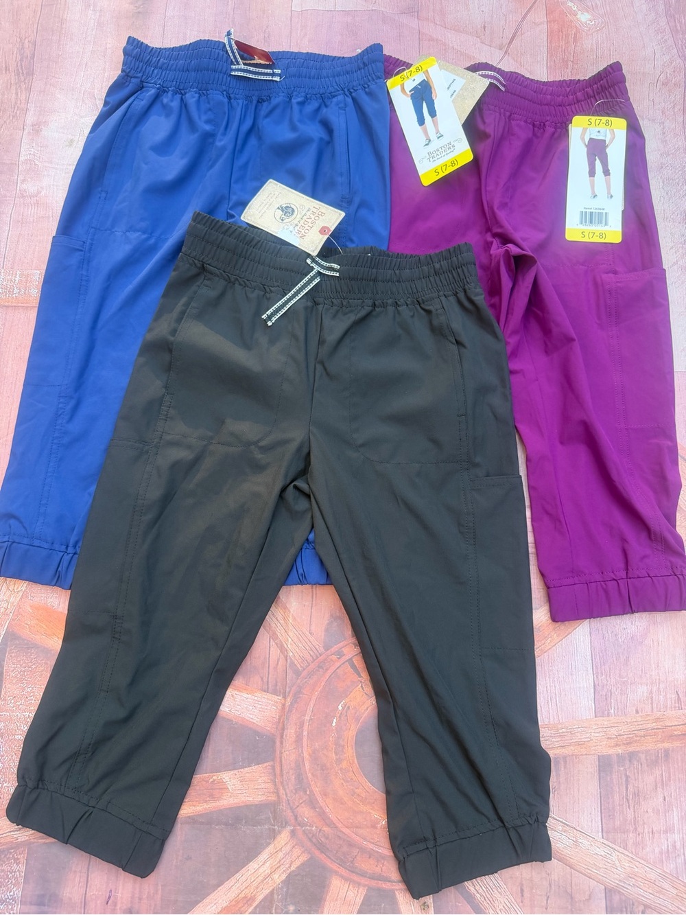 Kids Elastic Waist Pull-On Cargo Capris - Black, blue & purple.